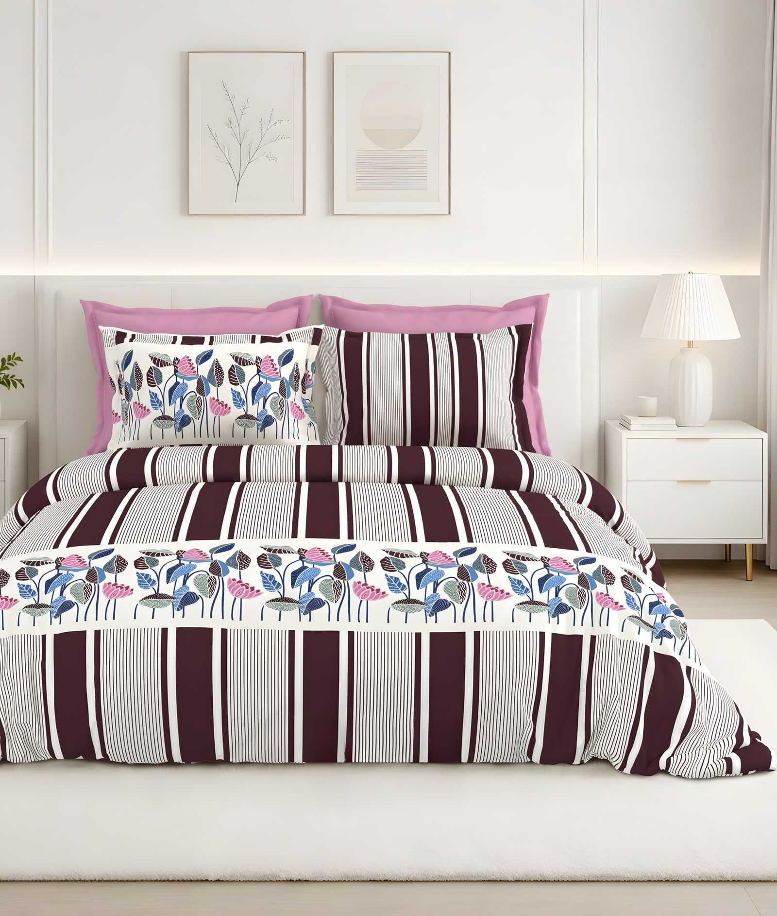 Calcium Leaf Stripe Cotton Bedsheet Set in Wine (CA-03) on a made bed