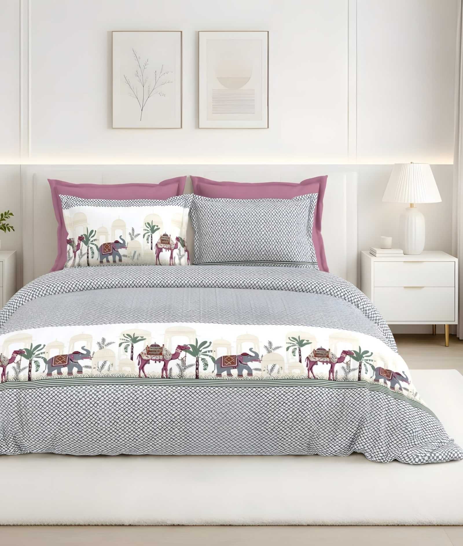 Calcium Elephant Palm Border Cotton Bedsheet Set in Grey (CA-04) on a made bed