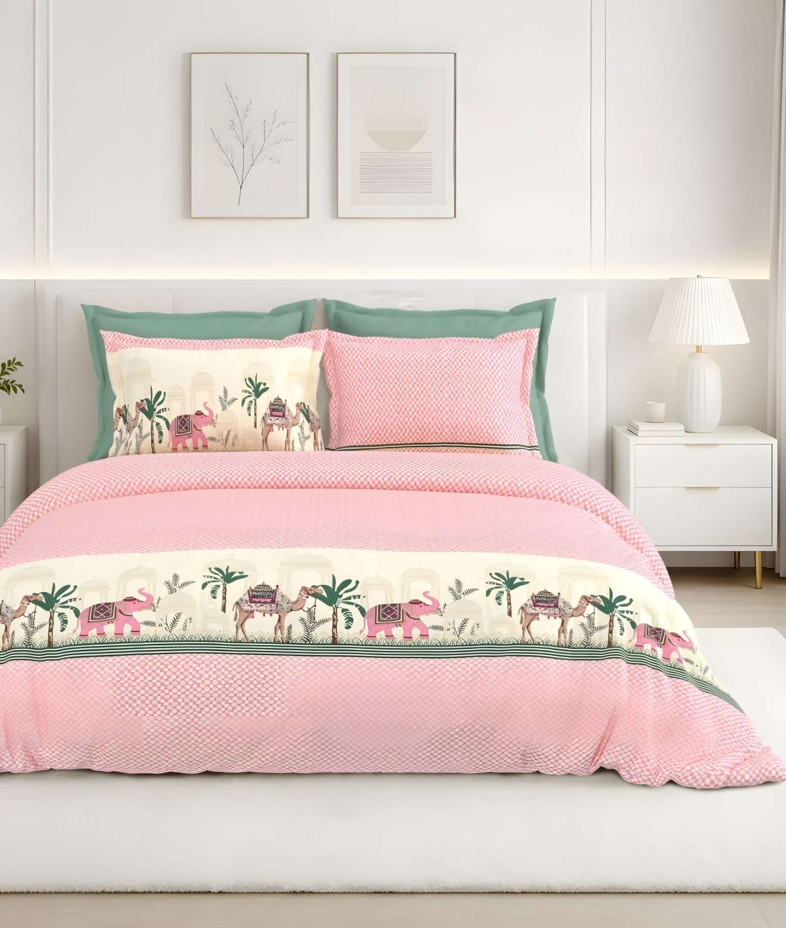 Calcium Elephant Palm Border Cotton Bedsheet Set in Pink (CA-05) on a made bed