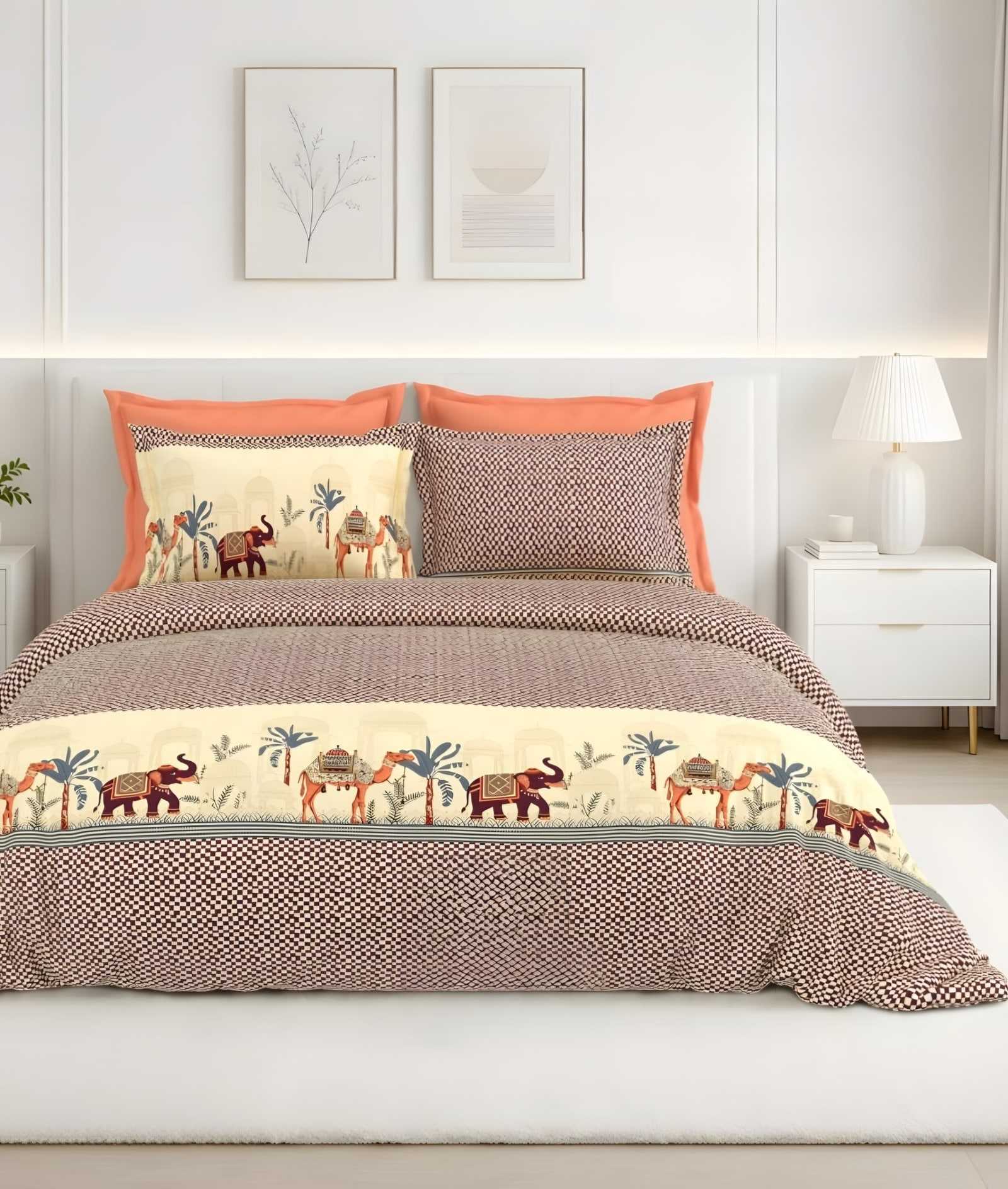 Calcium Elephant Palm Border Cotton Bedsheet Set in Brown (CA-06) on a made bed