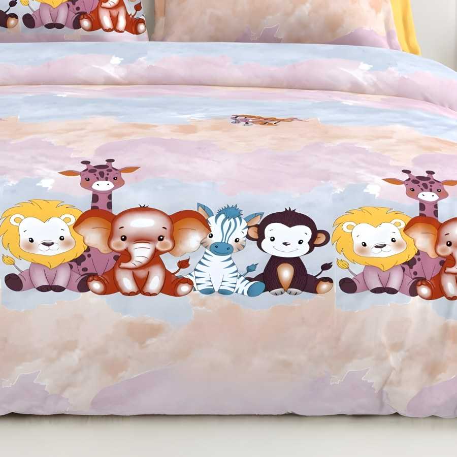 Close-up of the jungle friends (kids) print in Lilac (CA-07)