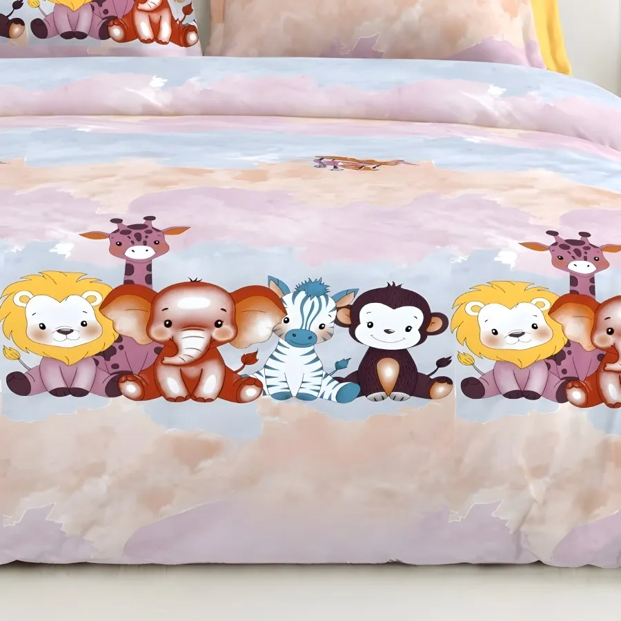 Close-up of the jungle friends (kids) print in Lilac (CA-07)