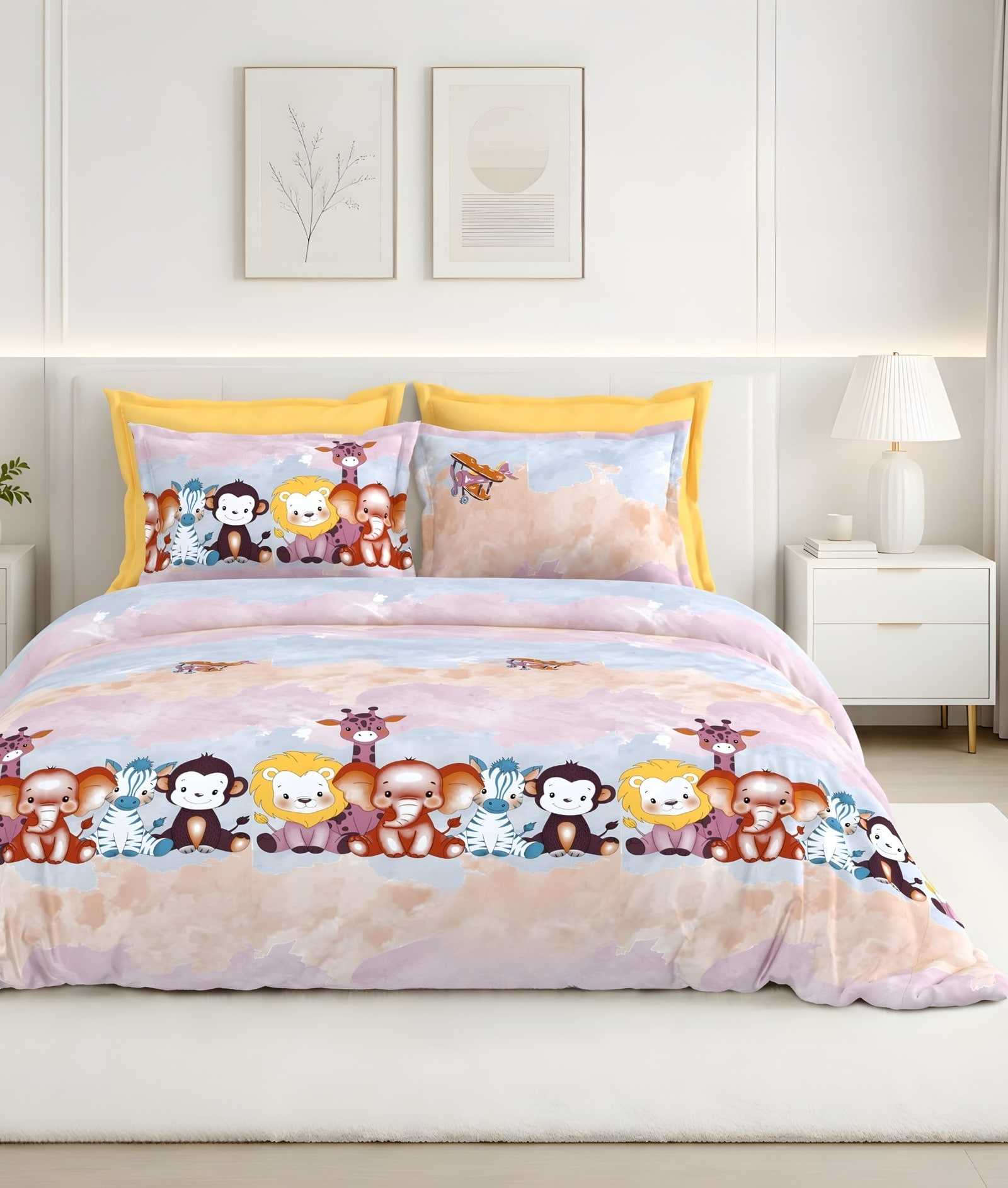 Calcium Jungle Friends (Kids) Cotton Bedsheet Set in Lilac (CA-07) on a made bed