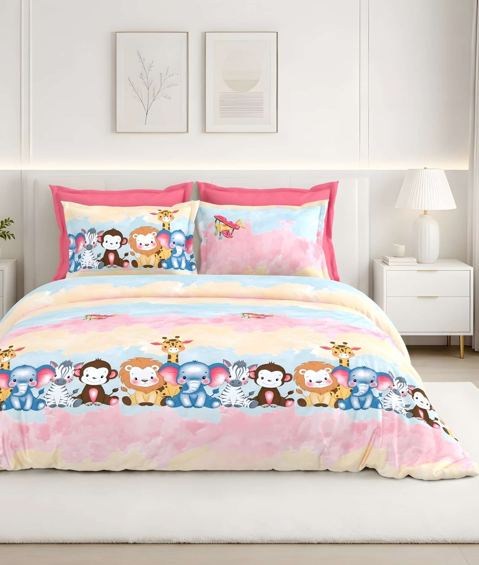 Calcium Jungle Friends (Kids) Cotton Bedsheet Set in Pastel pink (CA-08) on a made bed