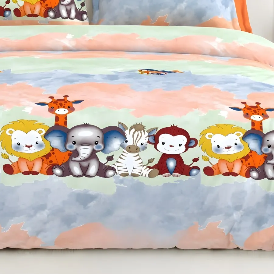 Close-up of the jungle friends (kids) print in Pastel blue (CA-09)