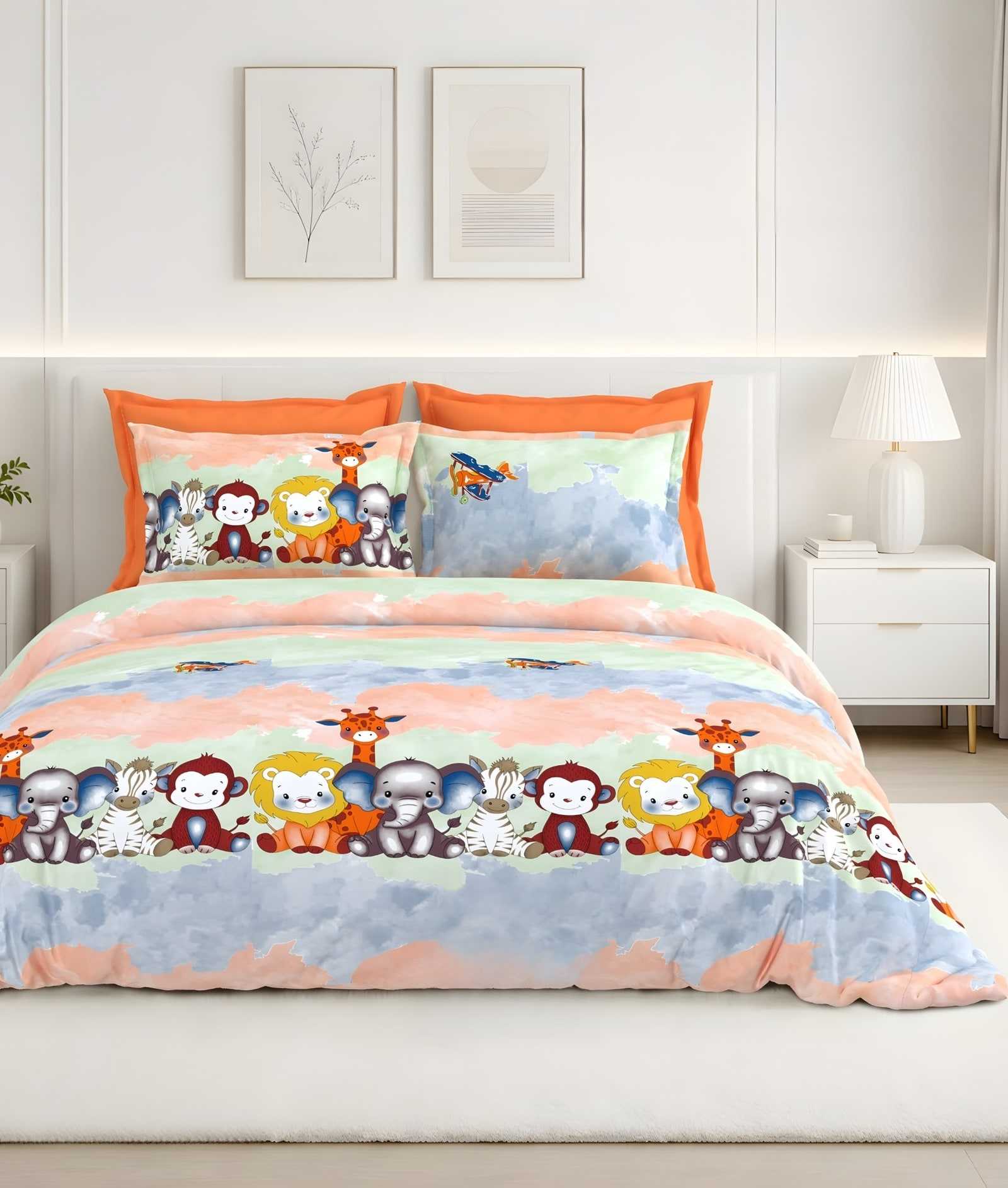 Calcium Jungle Friends (Kids) Cotton Bedsheet Set in Pastel blue (CA-09) on a made bed