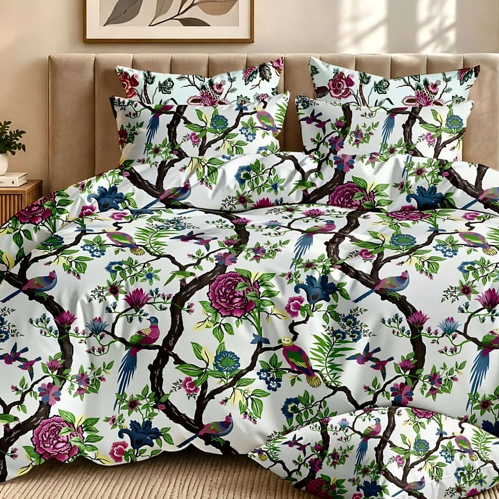 Dhurandhar Bird & Vine Glace Cotton Bedsheet Set in Multicolour on white (DH-01) on a made bed in a styled bedroom