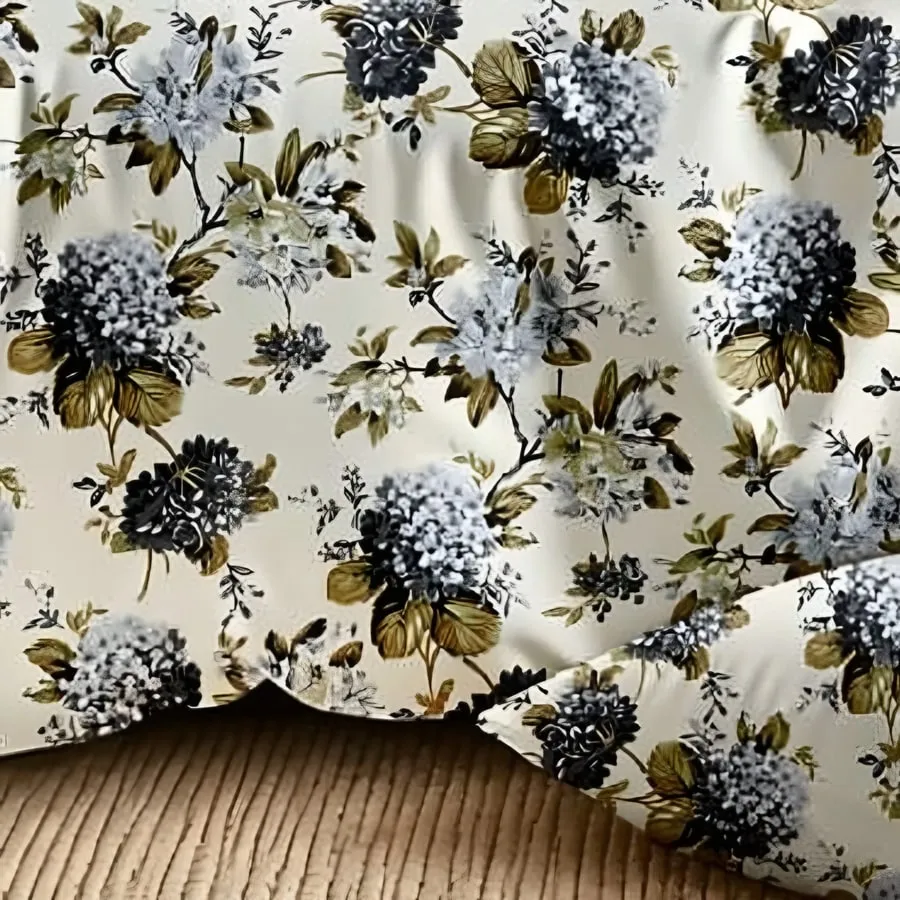 Close-up of the hydrangea print in Charcoal & olive on ivory (DH-02)