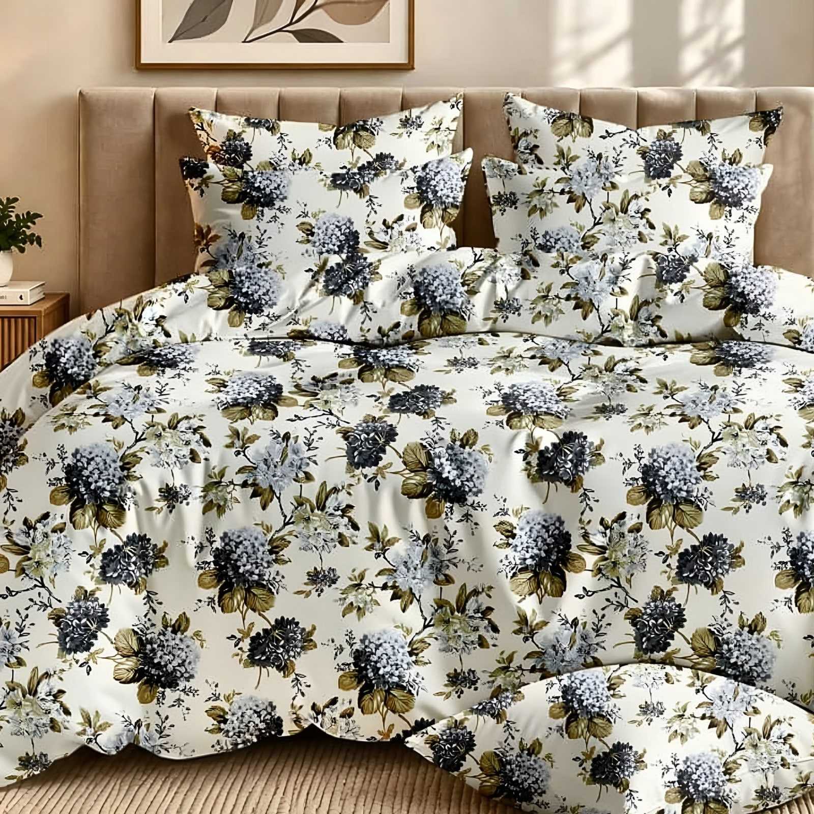 A bed made with the Dhurandhar hydrangea glace cotton set
