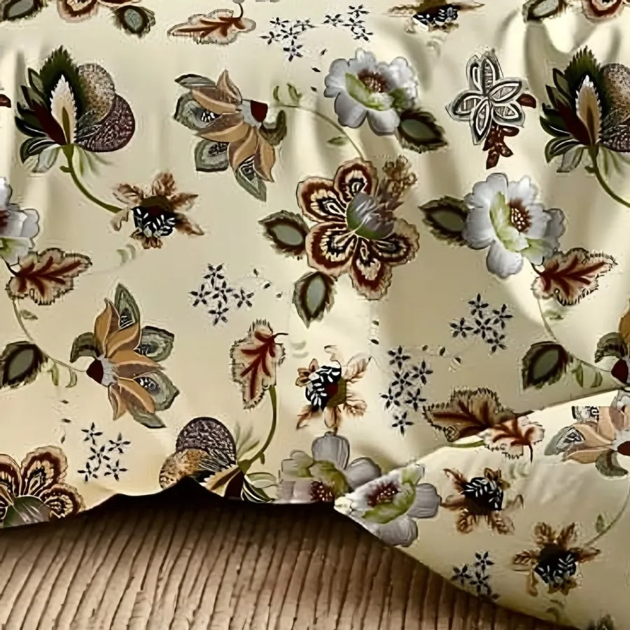 Close-up of the Jacobean bloom print in Brown & sage on cream (DH-04)