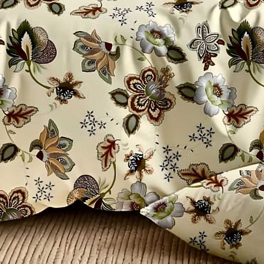 Close-up of the Jacobean bloom print in Brown & sage on cream (DH-04)