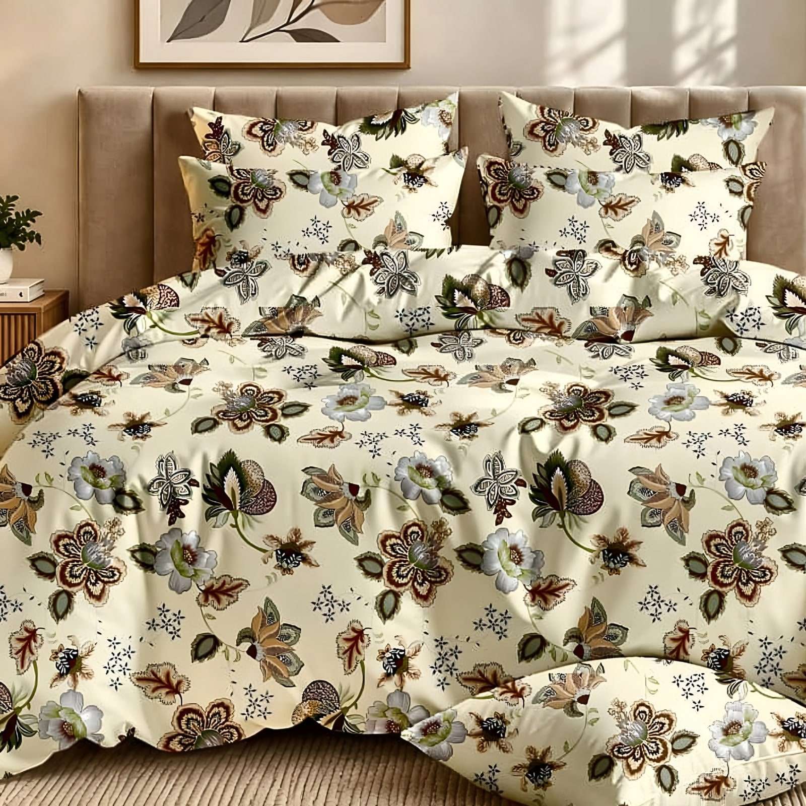 Dhurandhar Jacobean Bloom Glace Cotton Bedsheet Set in Brown & sage on cream (DH-04) on a made bed in a styled bedroom