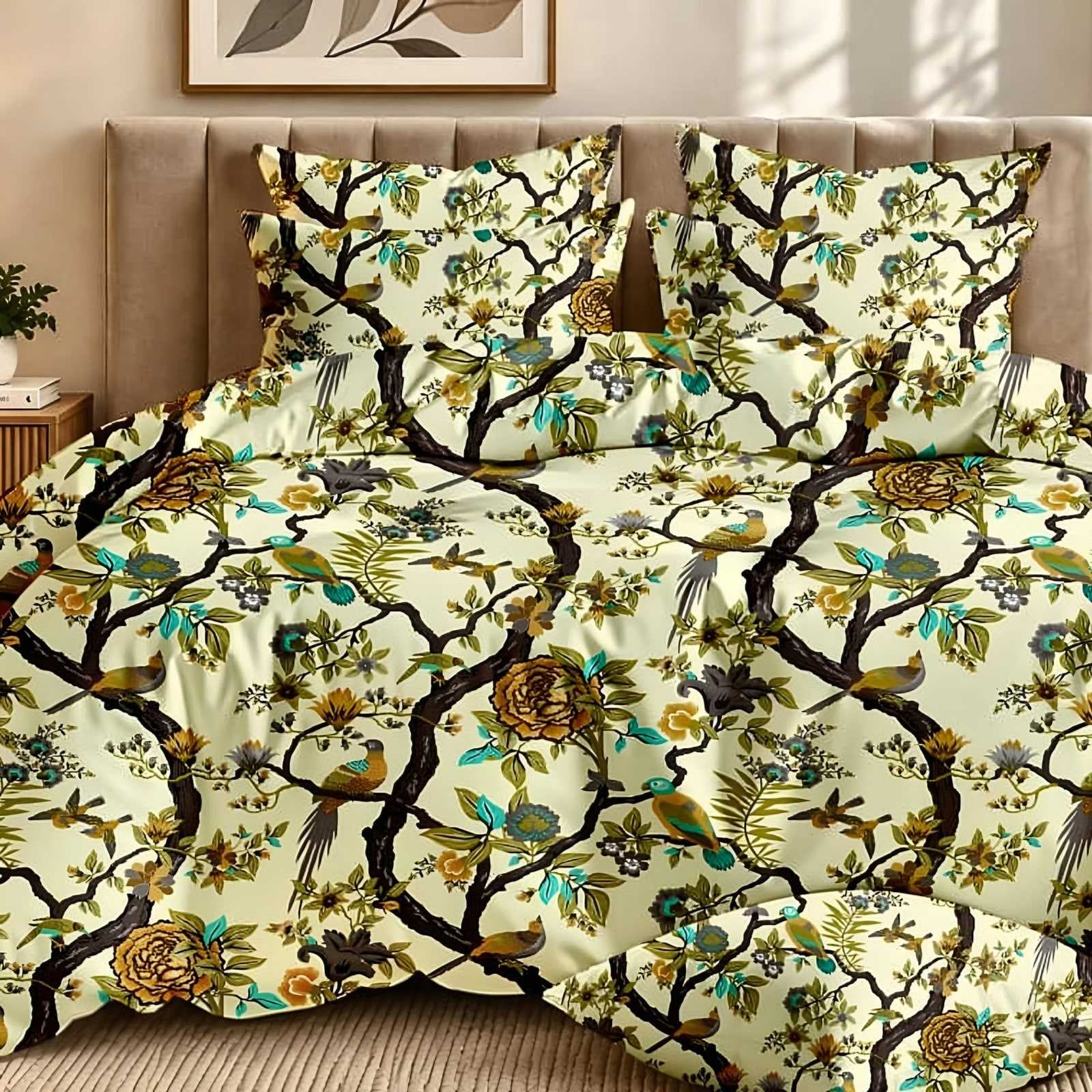 Dhurandhar Bird & Vine Glace Cotton Bedsheet Set in Olive & gold on lemon (DH-06) on a made bed in a styled bedroom