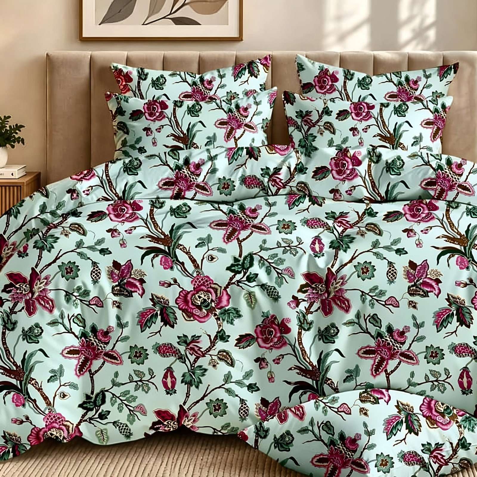 Dhurandhar Rose Trellis Glace Cotton Bedsheet Set in Rose pink on aqua (DH-08) on a made bed in a styled bedroom