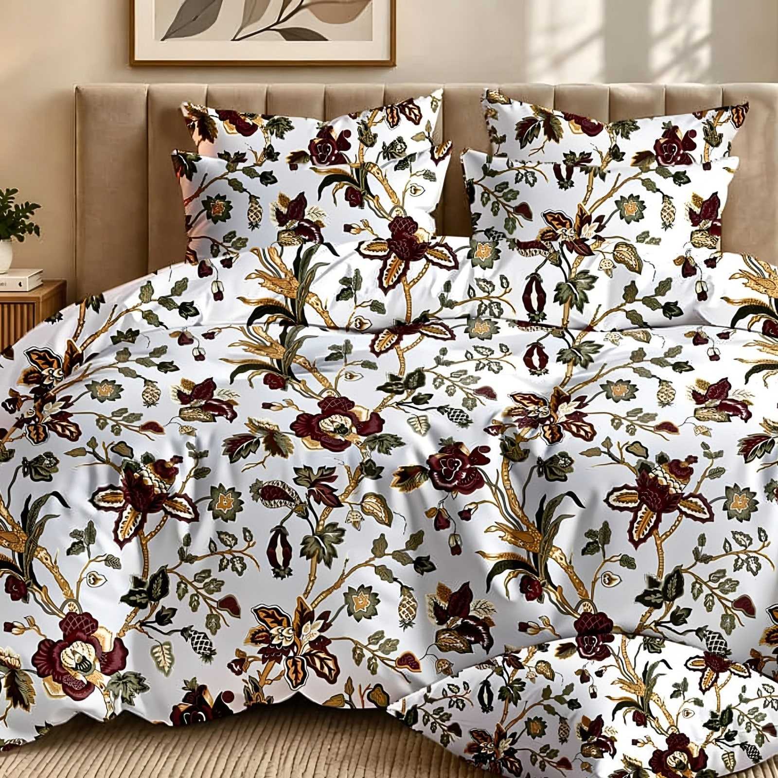 Dhurandhar Rose Trellis Glace Cotton Bedsheet Set in Maroon & gold on white (DH-10) on a made bed in a styled bedroom