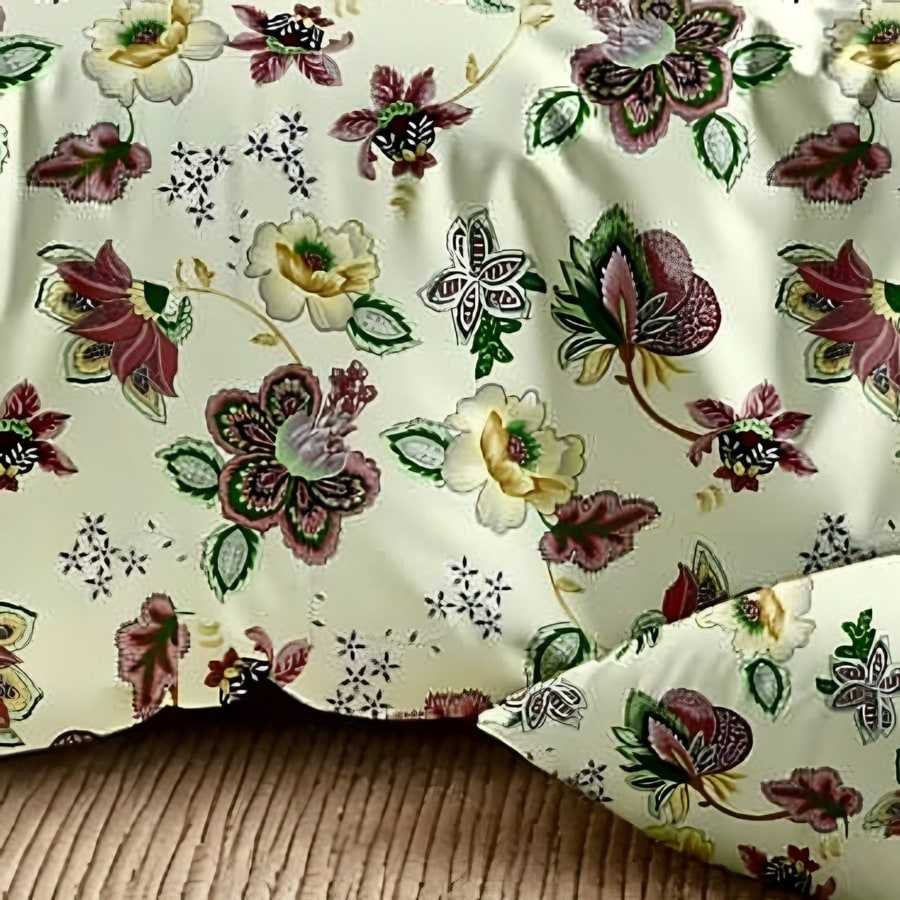 Close-up of the Jacobean bloom print in Maroon & green on cream (DH-11)