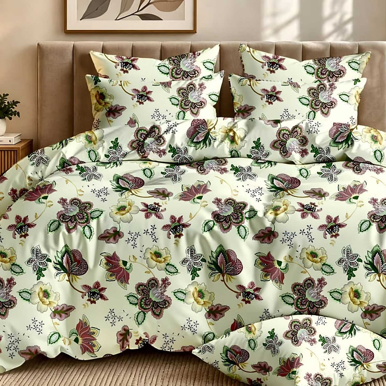 Dhurandhar Jacobean Bloom Glace Cotton Bedsheet Set in Maroon & green on cream (DH-11) on a made bed in a styled bedroom