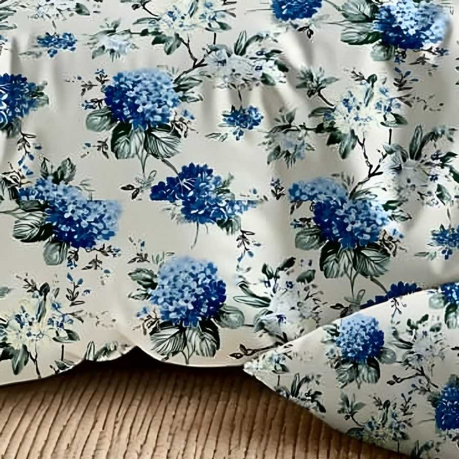 Close-up of the hydrangea print in Blue on ivory (DH-12)
