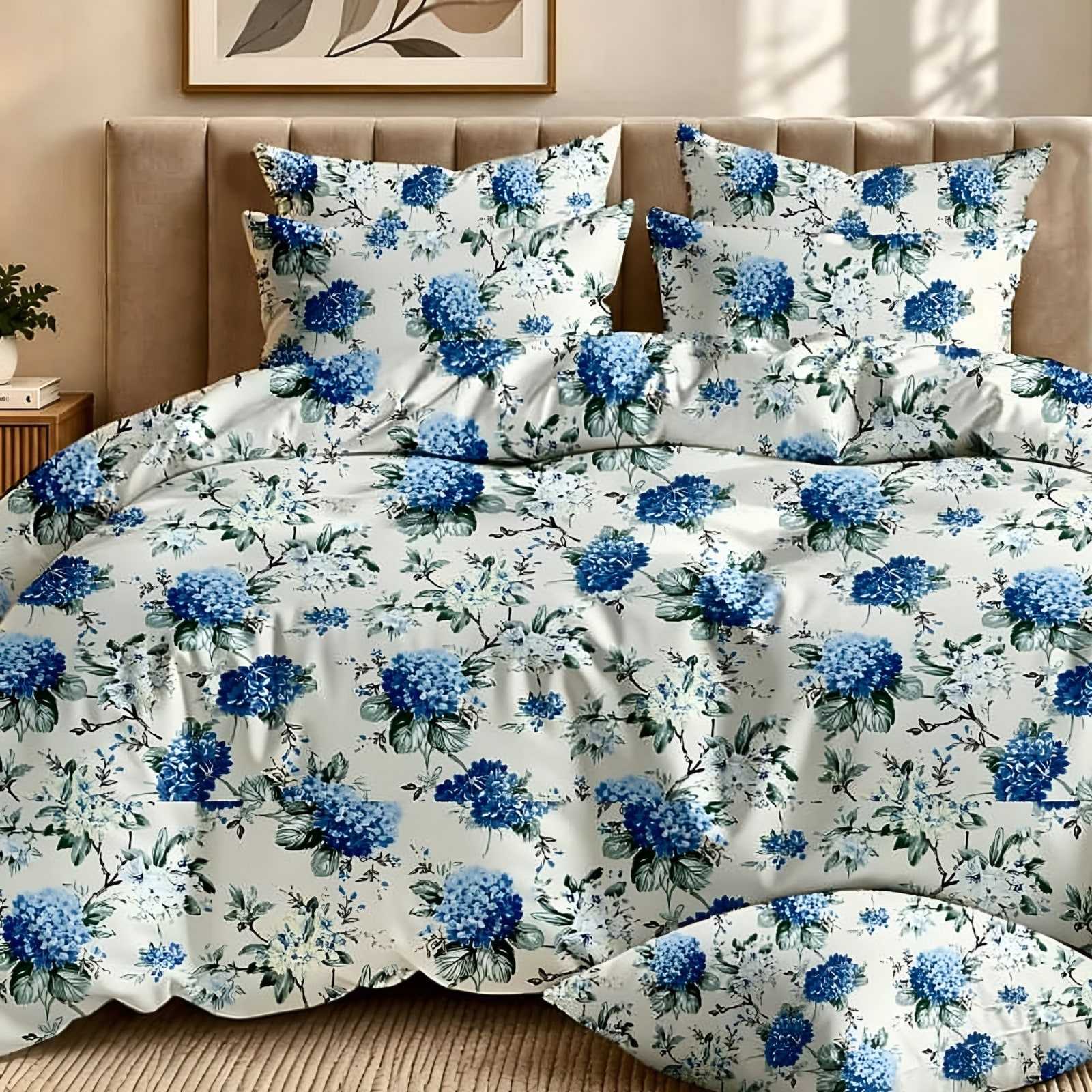 Dhurandhar Hydrangea Glace Cotton Bedsheet Set in Blue on ivory (DH-12) on a made bed in a styled bedroom
