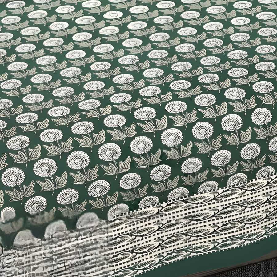 Close-up of the bloom buti print in Bottle green (EC-01)