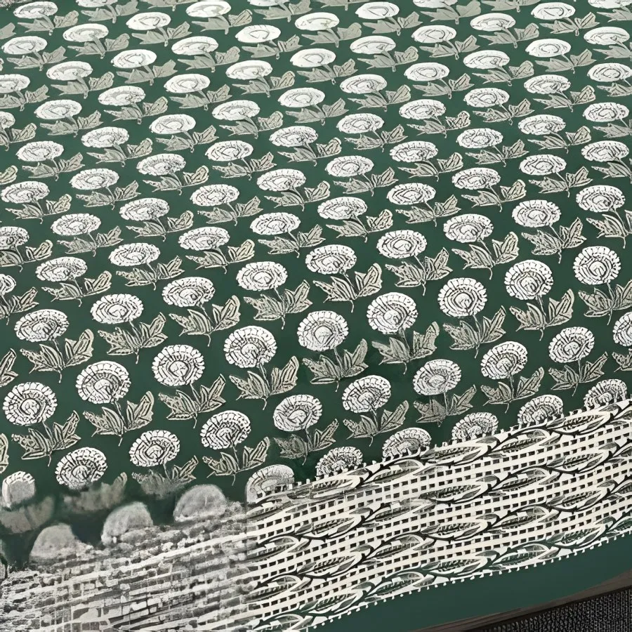 Close-up of the bloom buti print in Bottle green (EC-01)