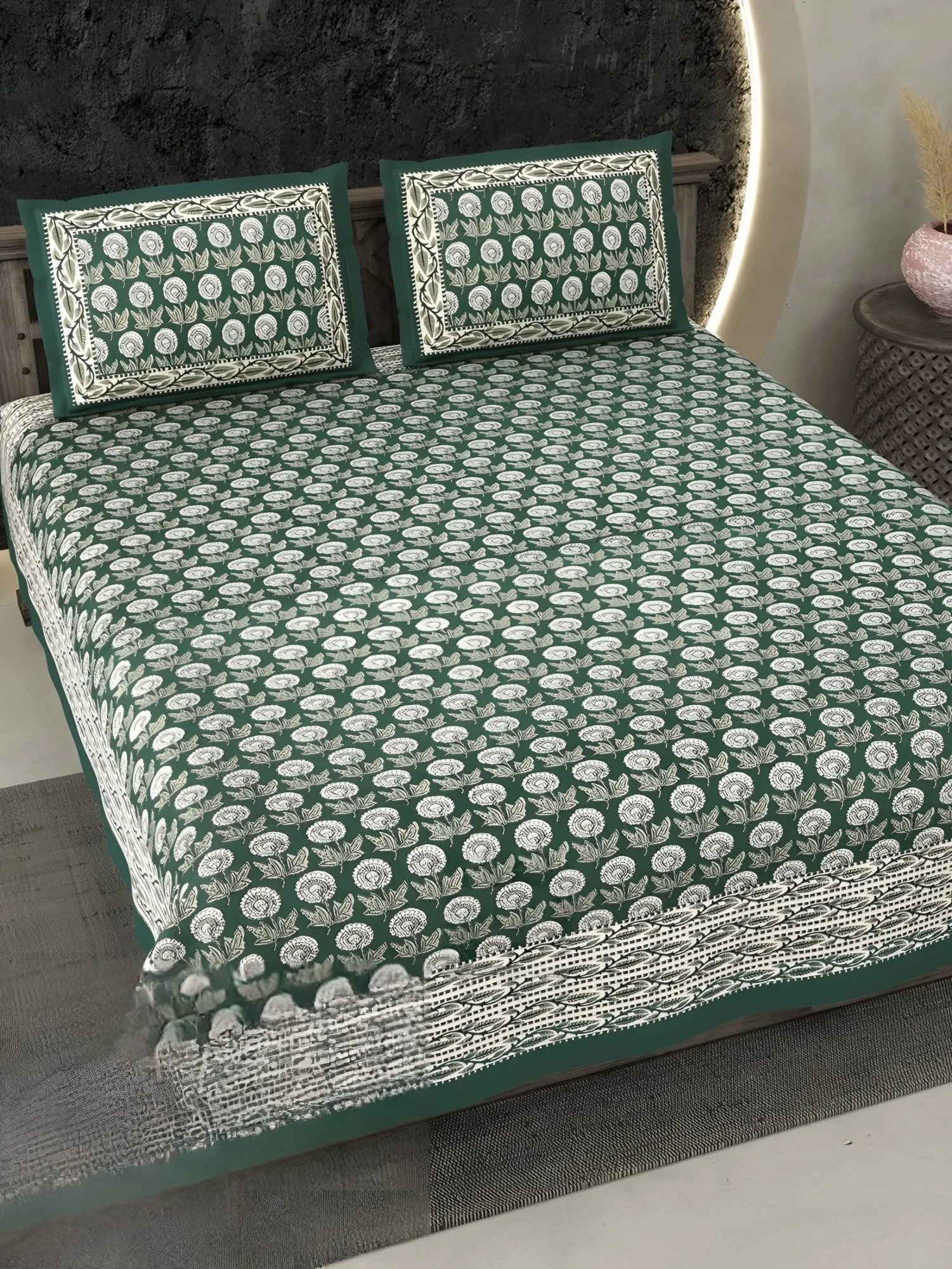 Ecuador Bloom Buti Cotton Bedsheet Set in Bottle green (EC-01) on a made bed