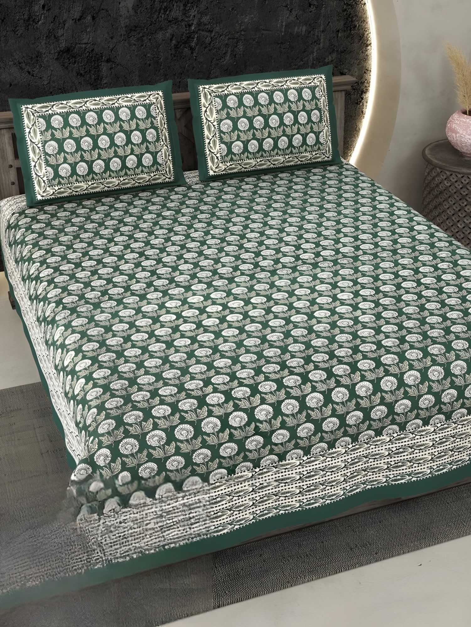 Ecuador Bloom Buti Cotton Bedsheet Set in Bottle green (EC-01) on a made bed