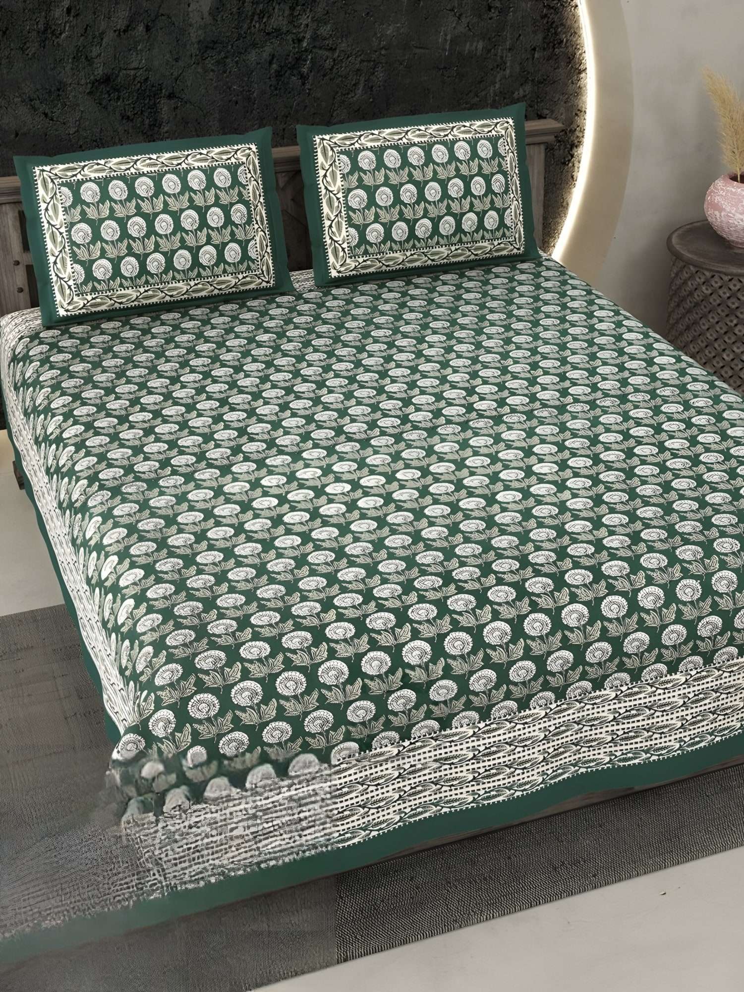 Ecuador Bloom Buti Cotton Bedsheet Set in Bottle green (EC-01) on a made bed