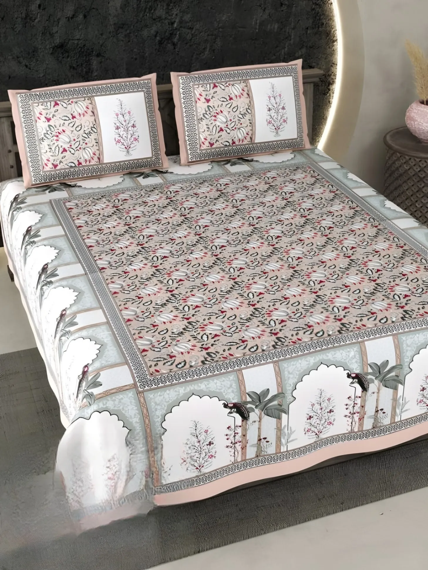 Ecuador Palace Arches Cotton Bedsheet Set in Pink (EC-02) on a made bed