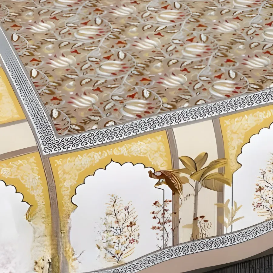 Close-up of palace arches and palms in a Jaipuri print (Ecuador Palace Arches)