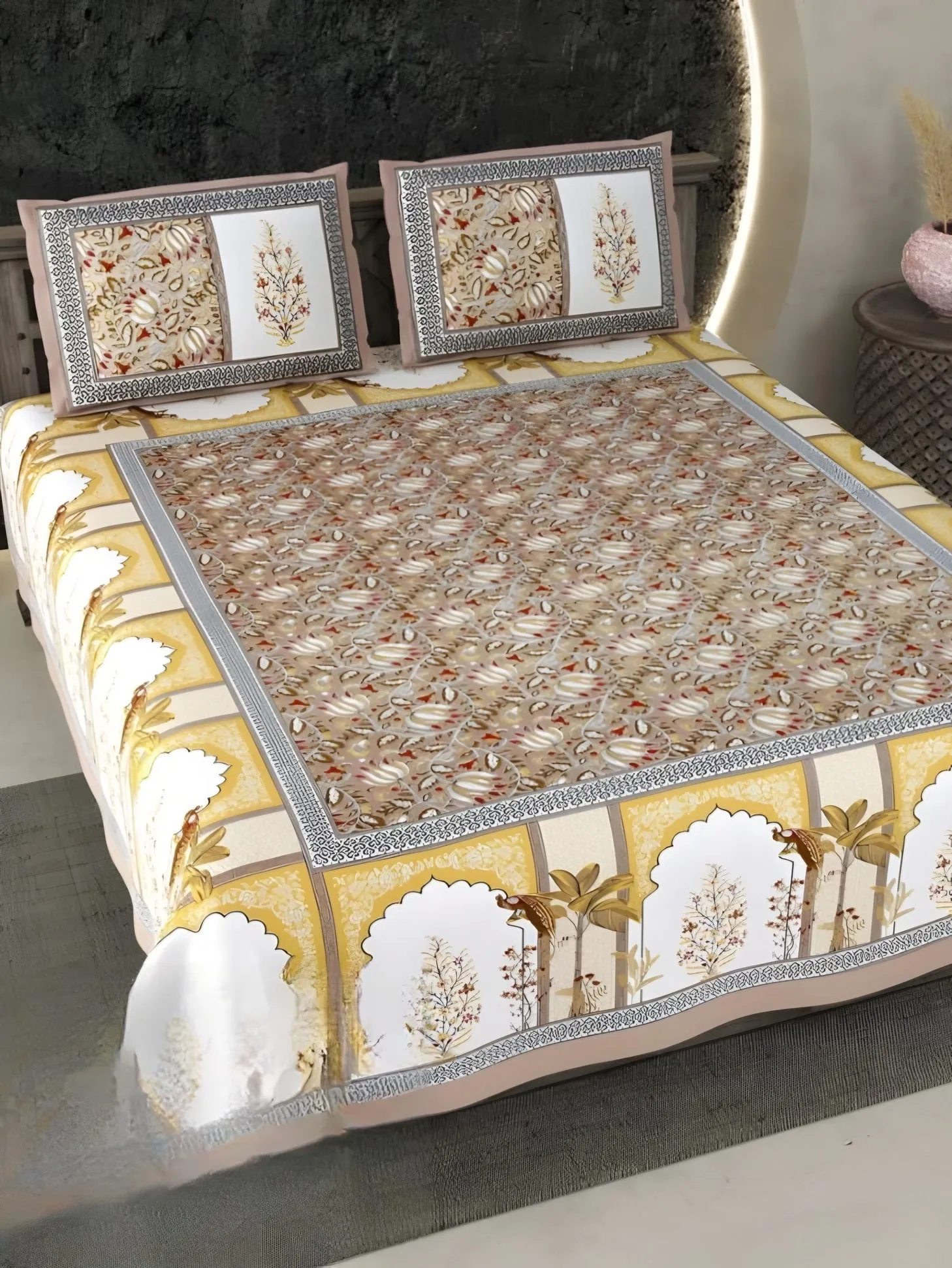 Ecuador Palace Arches Cotton Bedsheet Set in Mustard (EC-03) on a made bed