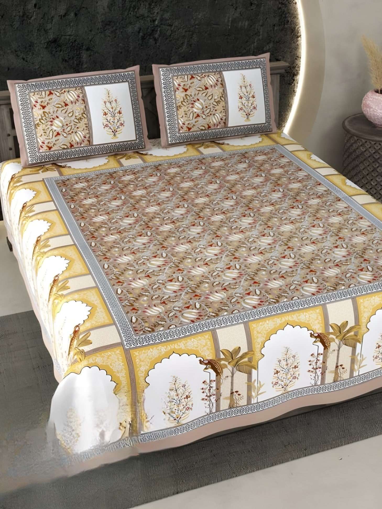Ecuador Palace Arches Cotton Bedsheet Set in Mustard (EC-03) on a made bed