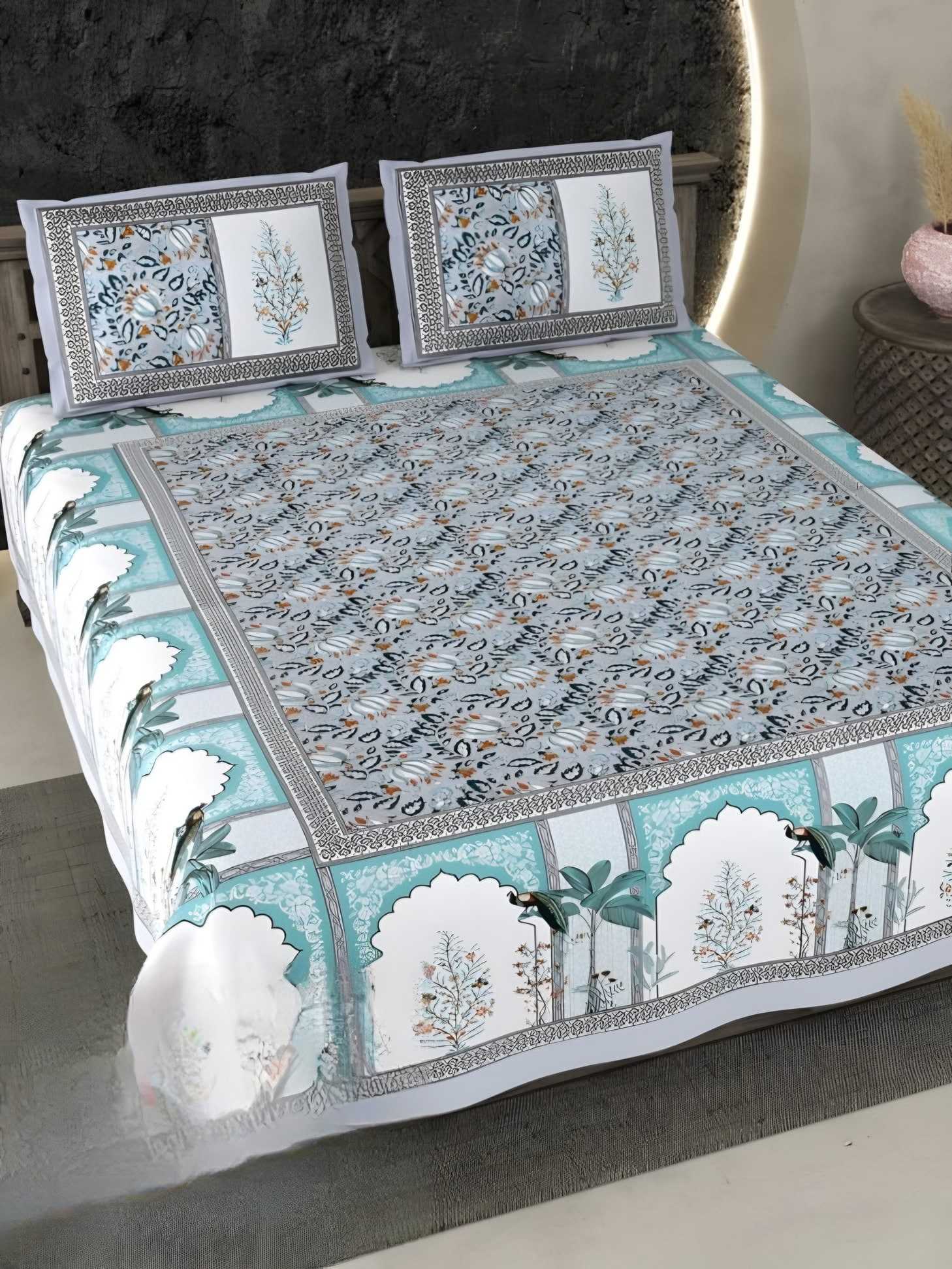 Ecuador Palace Arches Cotton Bedsheet Set in Teal (EC-04) on a made bed