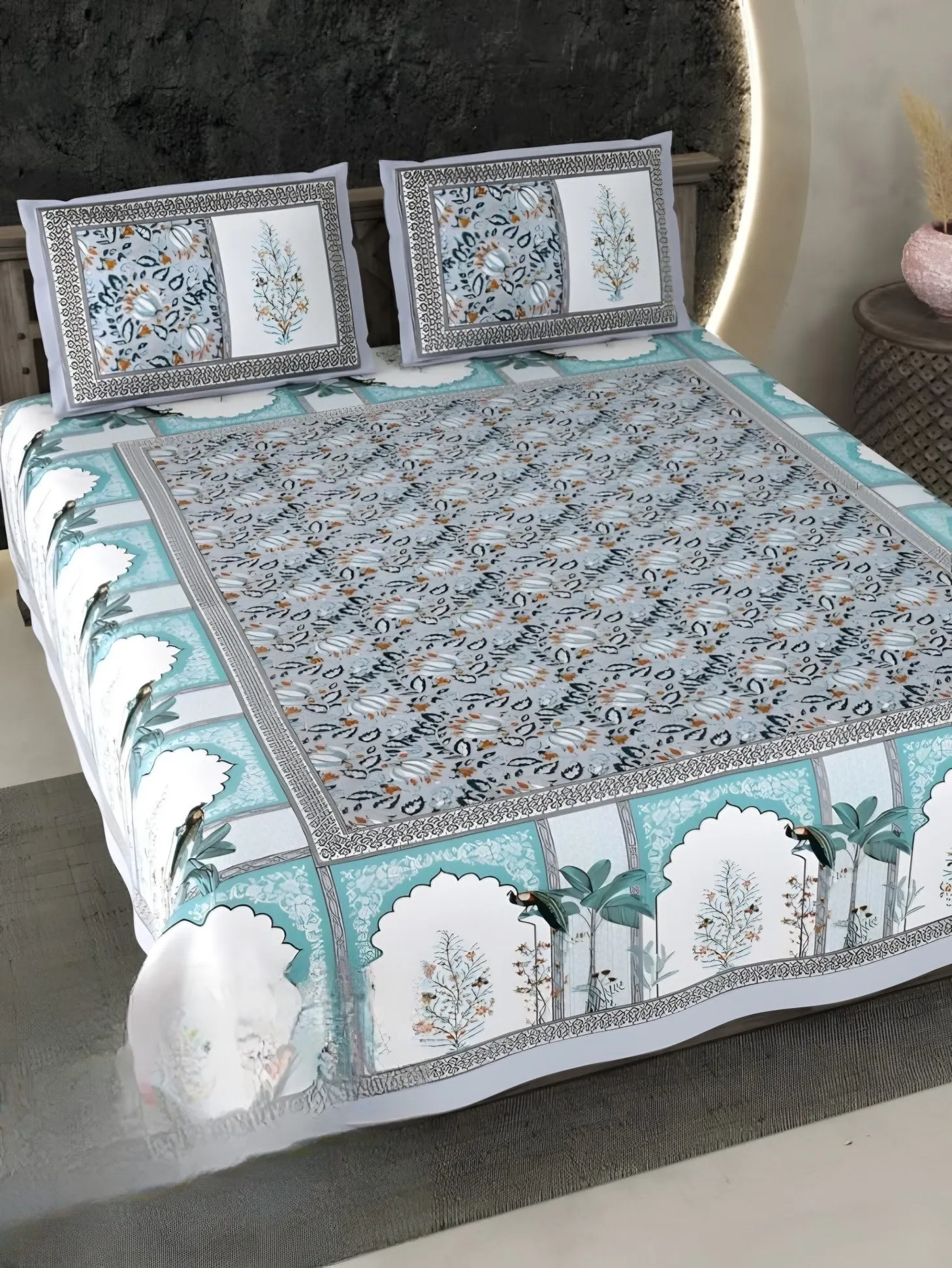 Ecuador Palace Arches Cotton Bedsheet Set in Teal (EC-04) on a made bed