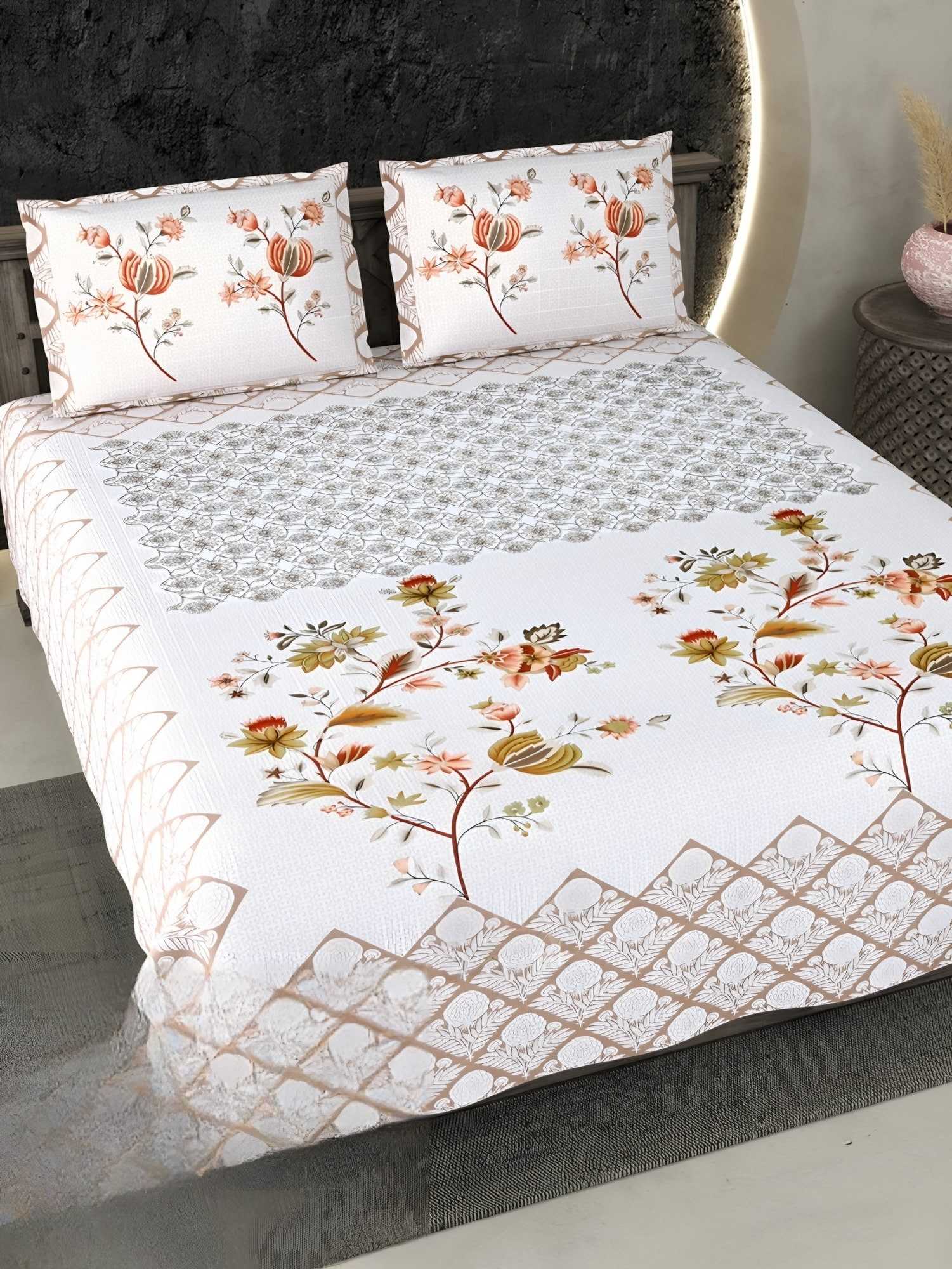 Ecuador Flowering Tree Cotton Bedsheet Set in Pink (EC-05) on a made bed
