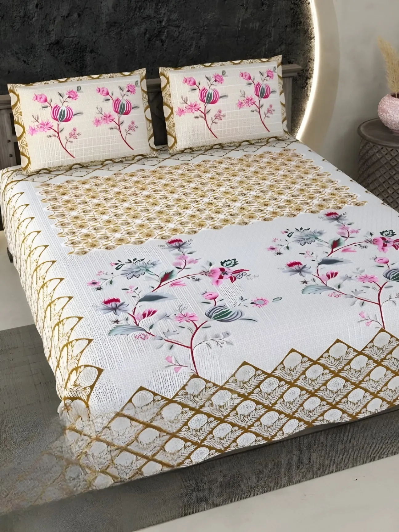 Ecuador Flowering Tree Cotton Bedsheet Set in Golden yellow (EC-06) on a made bed