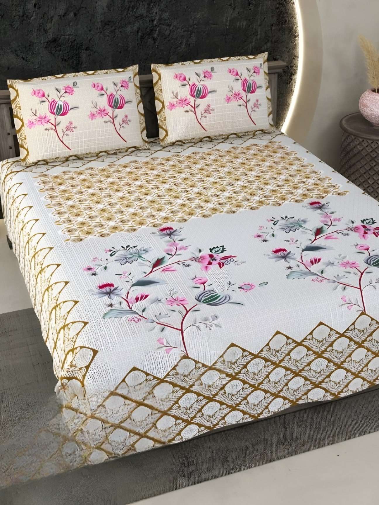 Ecuador Flowering Tree Cotton Bedsheet Set in Golden yellow (EC-06) on a made bed