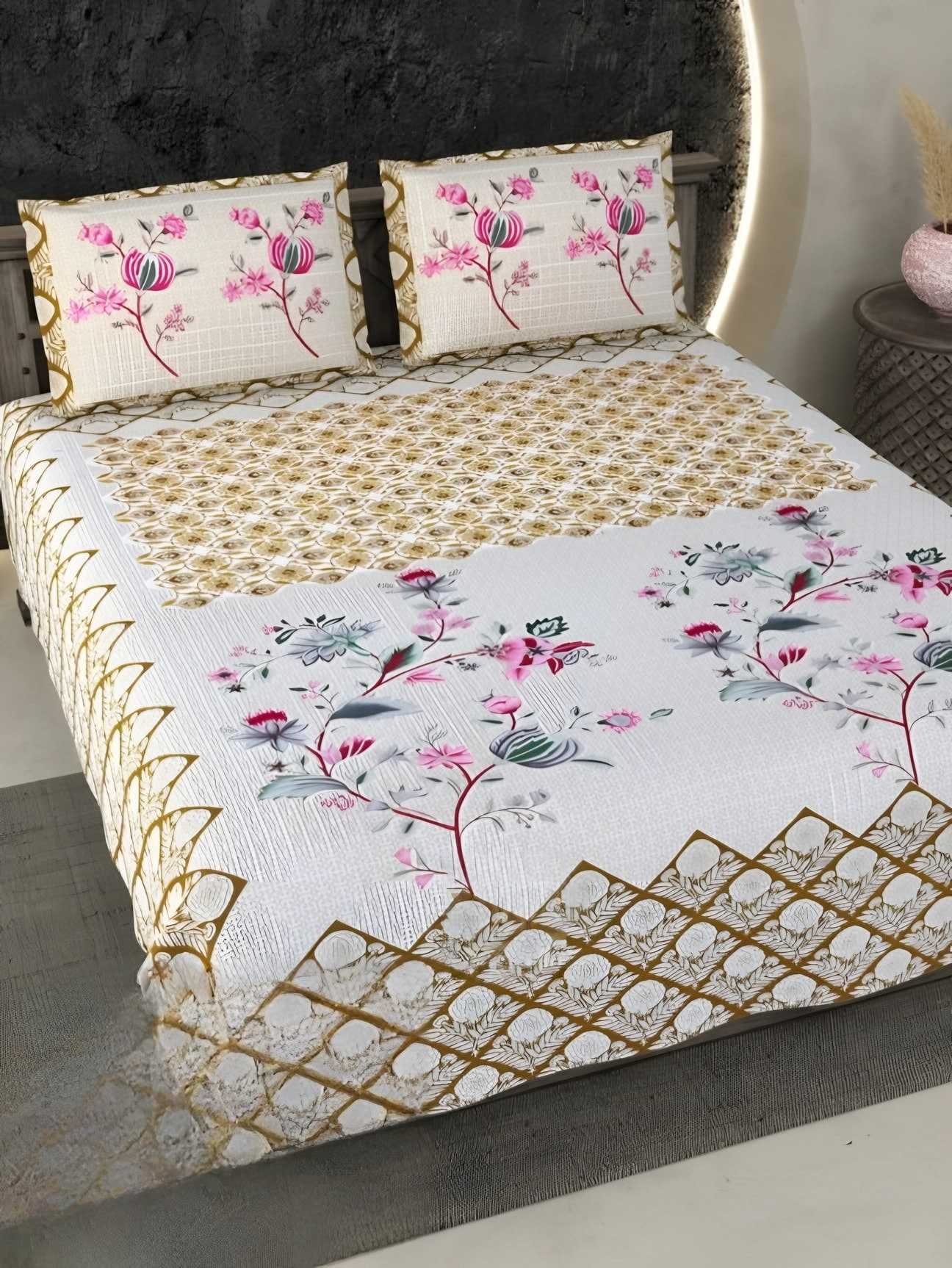 Ecuador Flowering Tree Cotton Bedsheet Set in Golden yellow (EC-06) on a made bed