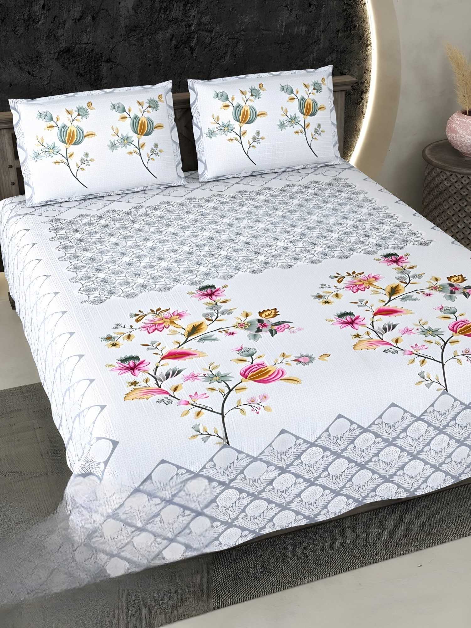 Ecuador Flowering Tree Cotton Bedsheet Set in Sky blue (EC-07) on a made bed