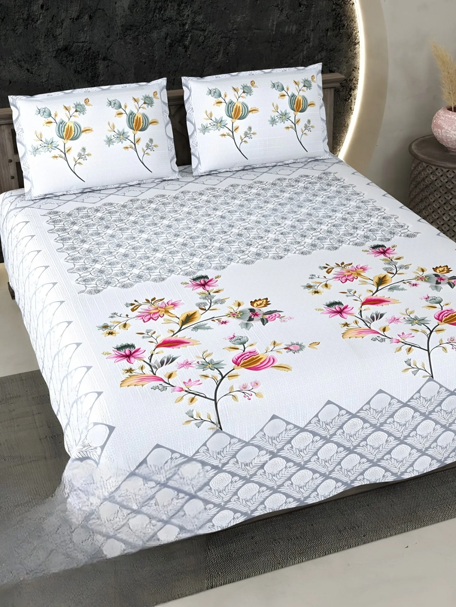 Ecuador Flowering Tree Cotton Bedsheet Set in Sky blue (EC-07) on a made bed