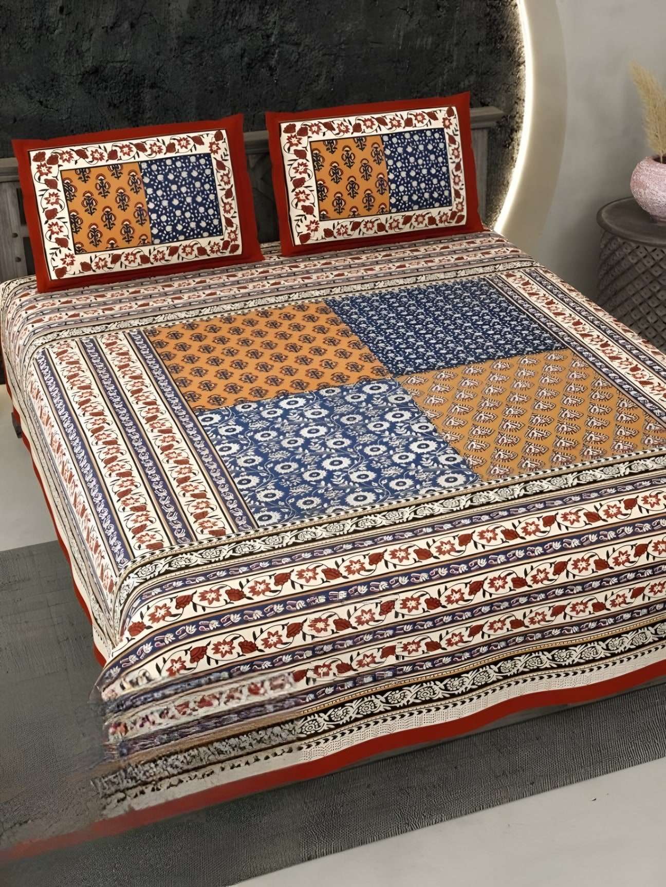 Ecuador Patch Panel Cotton Bedsheet Set in Red & blue (EC-08) on a made bed