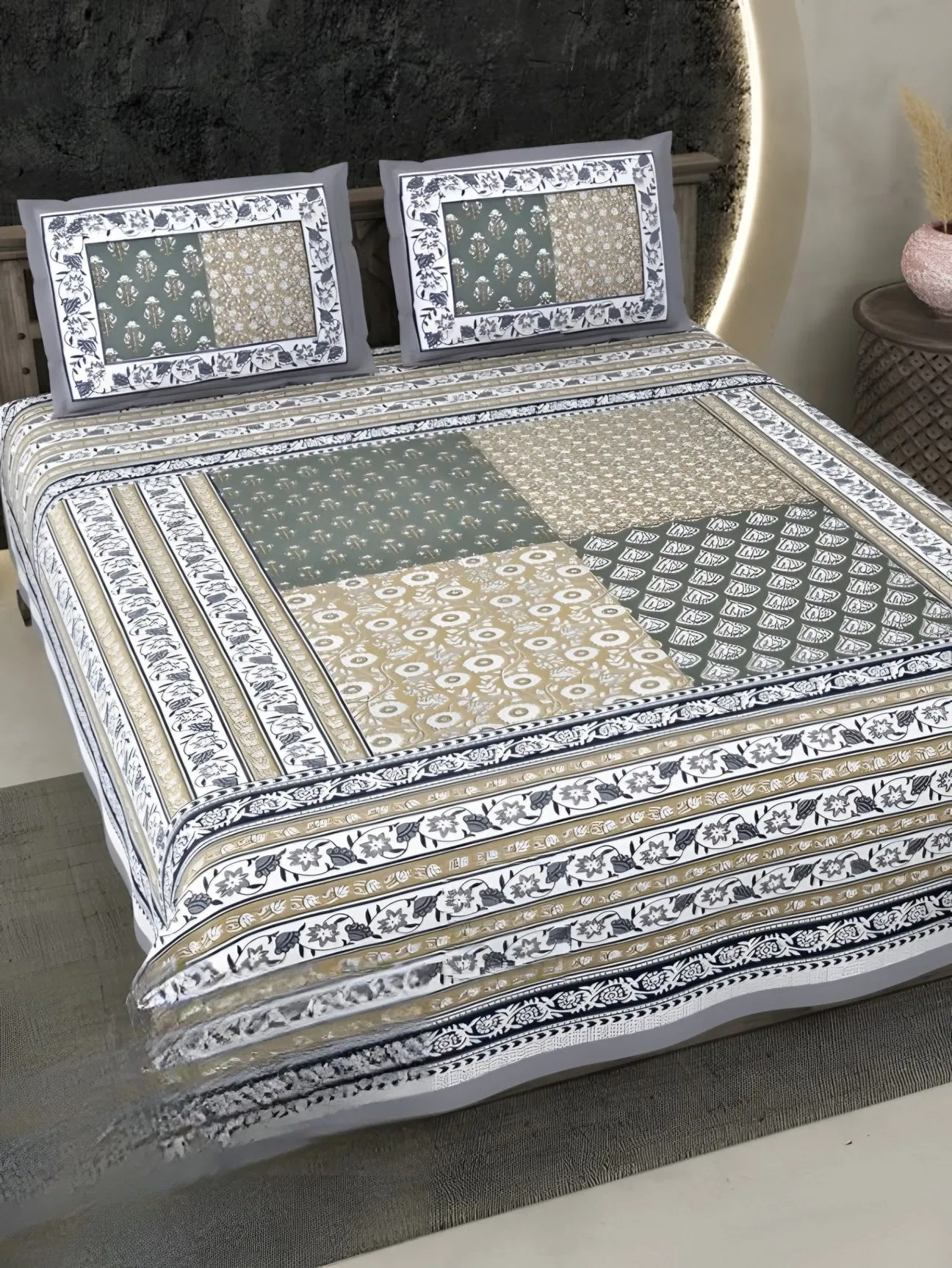 Ecuador Patch Panel Cotton Bedsheet Set in Grey & blue (EC-09) on a made bed
