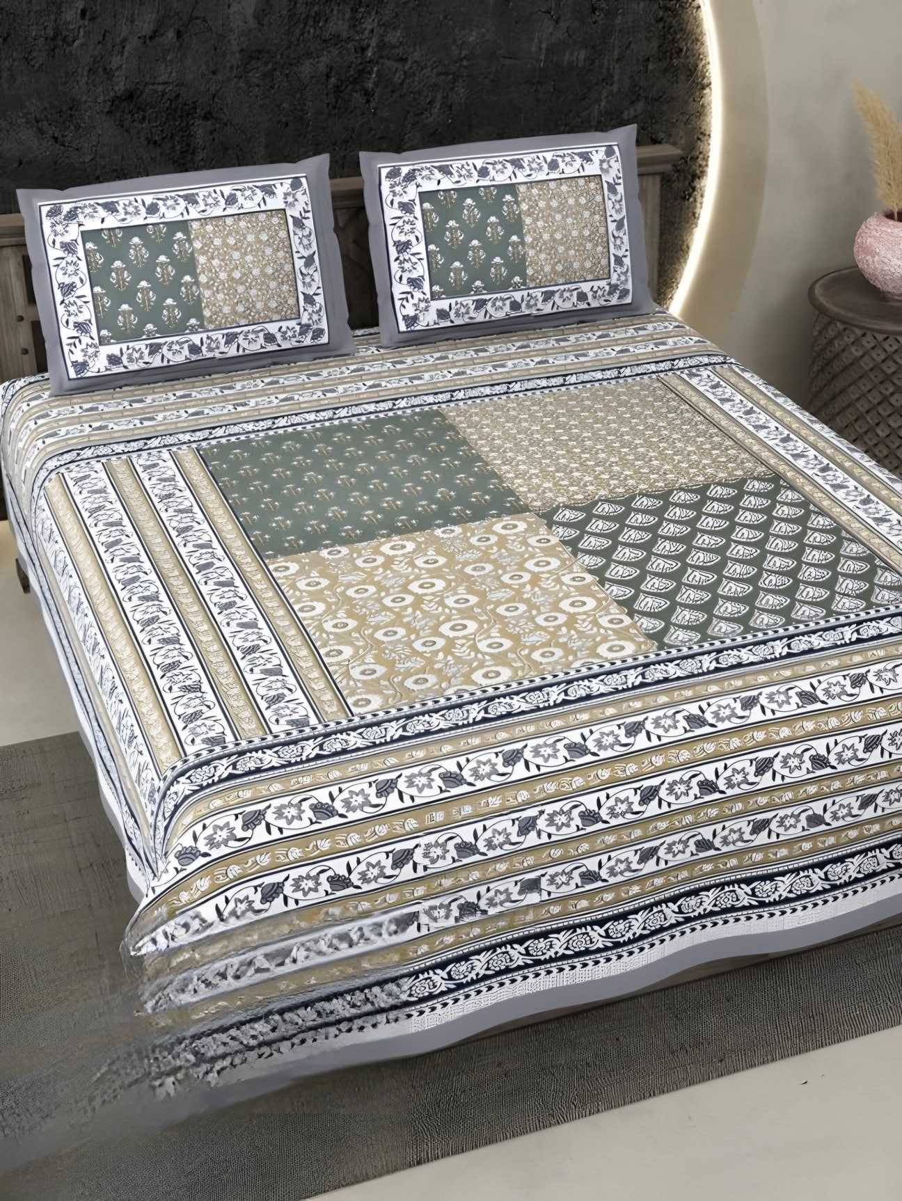 Ecuador Patch Panel Cotton Bedsheet Set in Grey & blue (EC-09) on a made bed