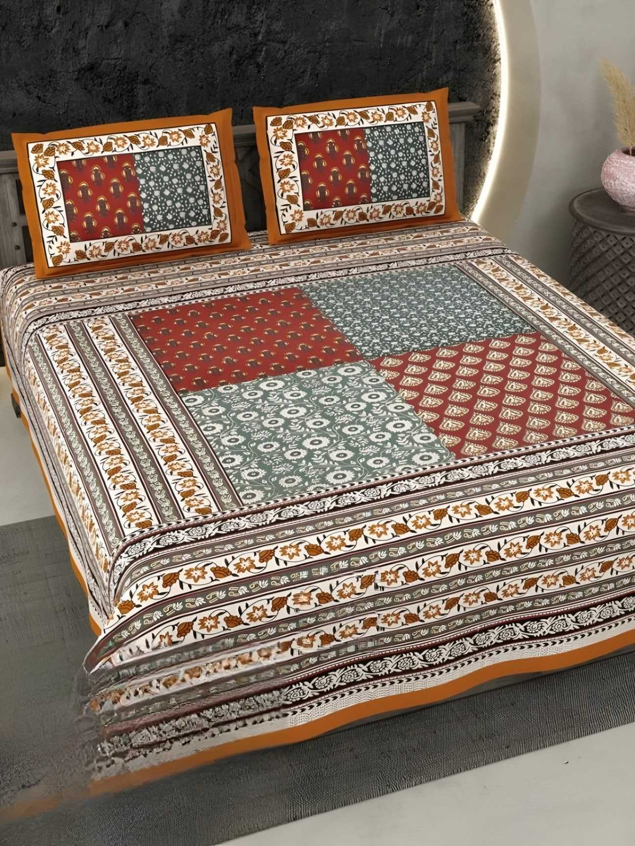 Ecuador Patch Panel Cotton Bedsheet Set in Orange & teal (EC-10) on a made bed