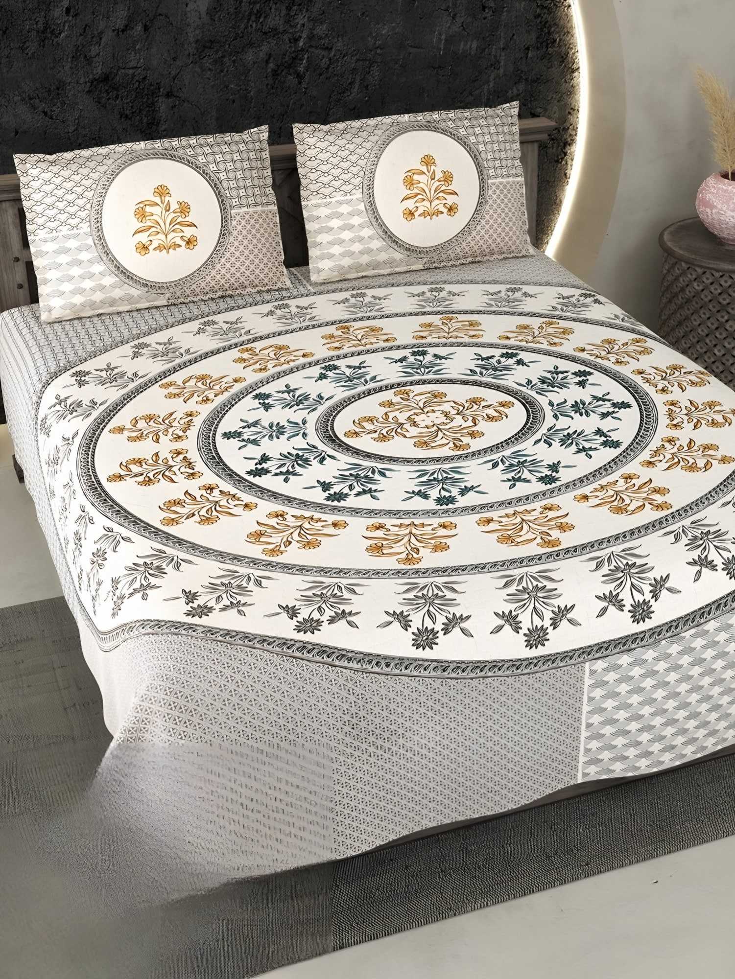 Ecuador Mandala Cotton Bedsheet Set in Grey (EC-11) on a made bed