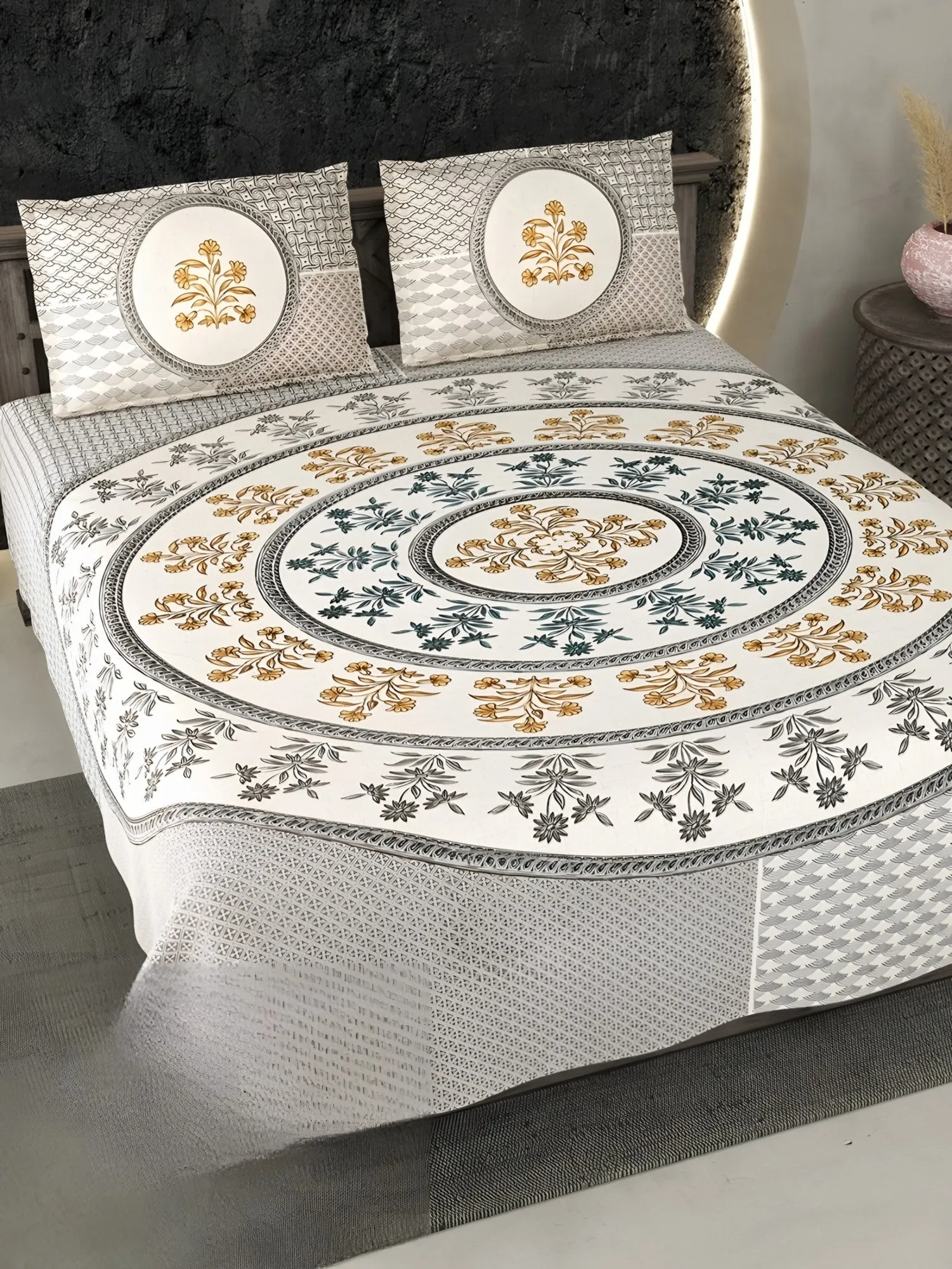 Ecuador Mandala Cotton Bedsheet Set in Grey (EC-11) on a made bed