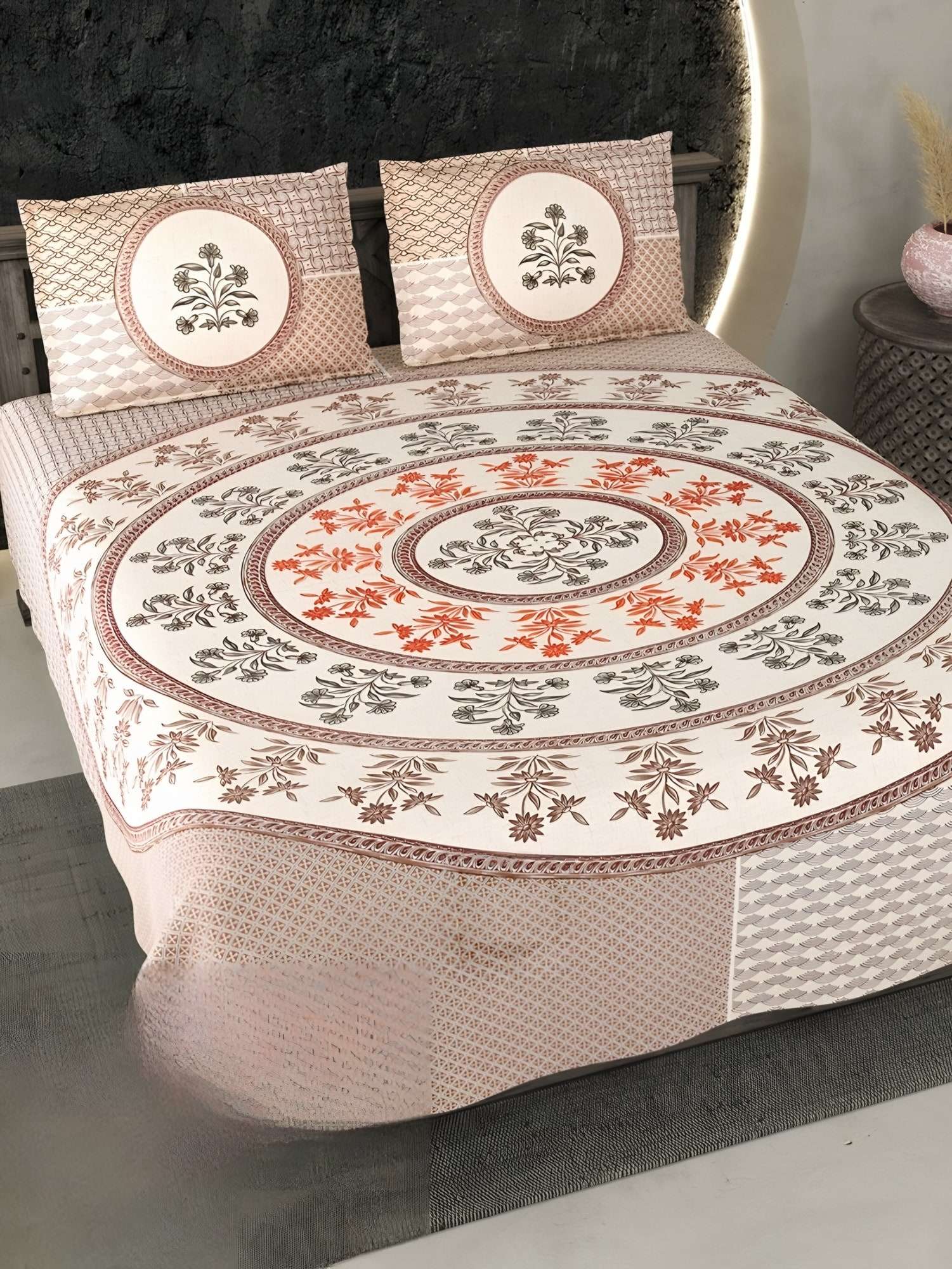 Ecuador Mandala Cotton Bedsheet Set in Peach (EC-12) on a made bed