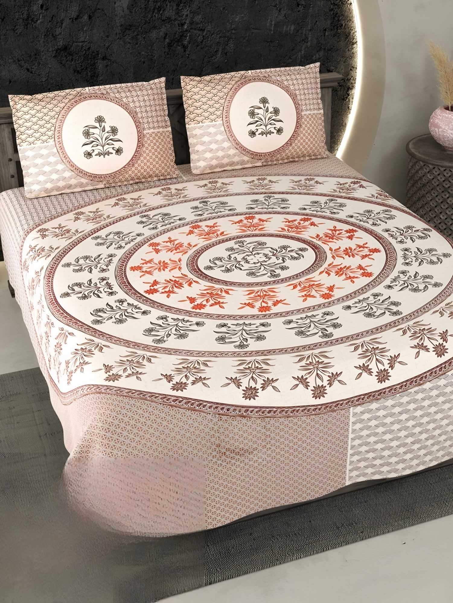 Ecuador Mandala Cotton Bedsheet Set in Peach (EC-12) on a made bed