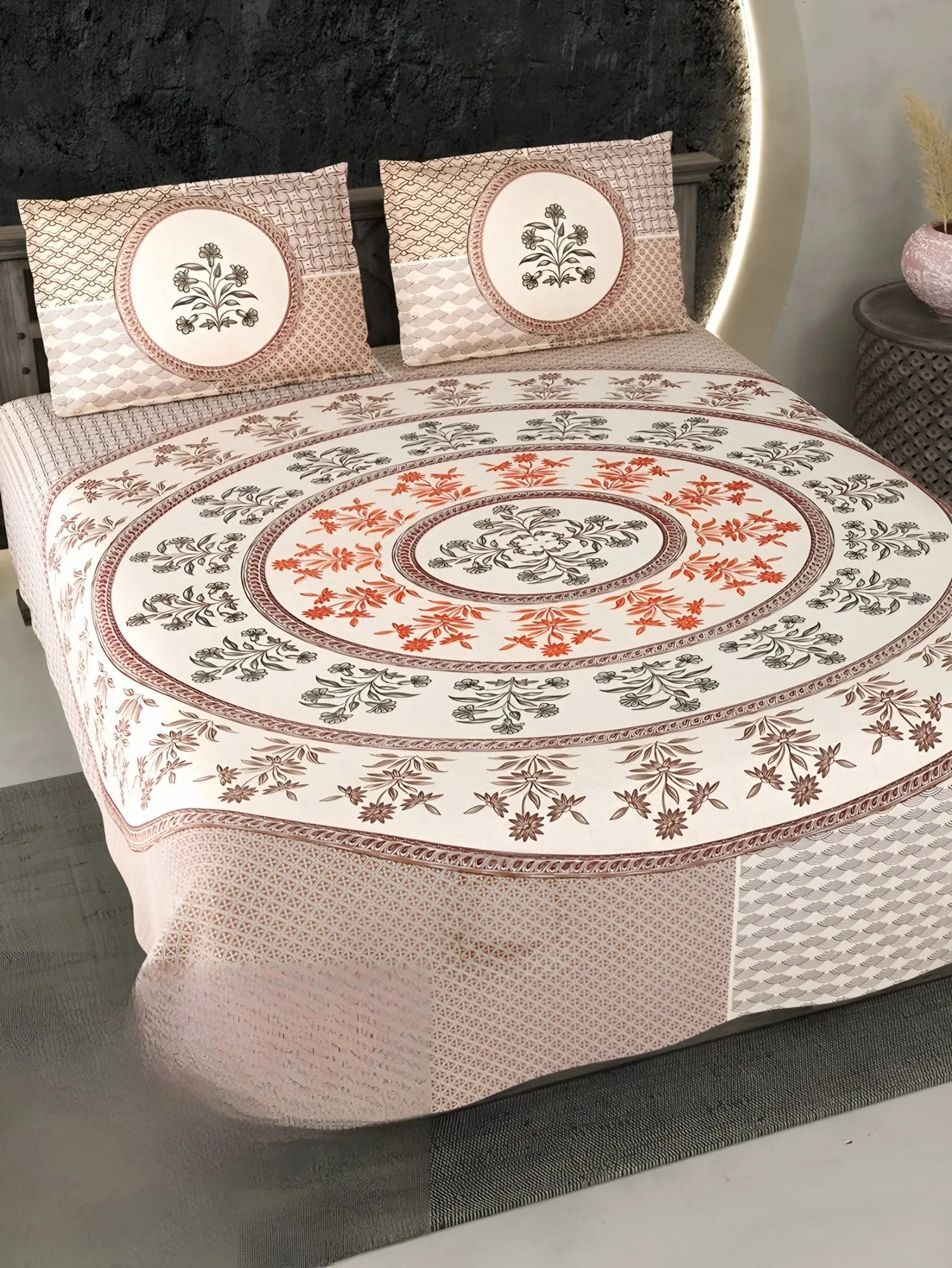 Ecuador Mandala Cotton Bedsheet Set in Peach (EC-12) on a made bed