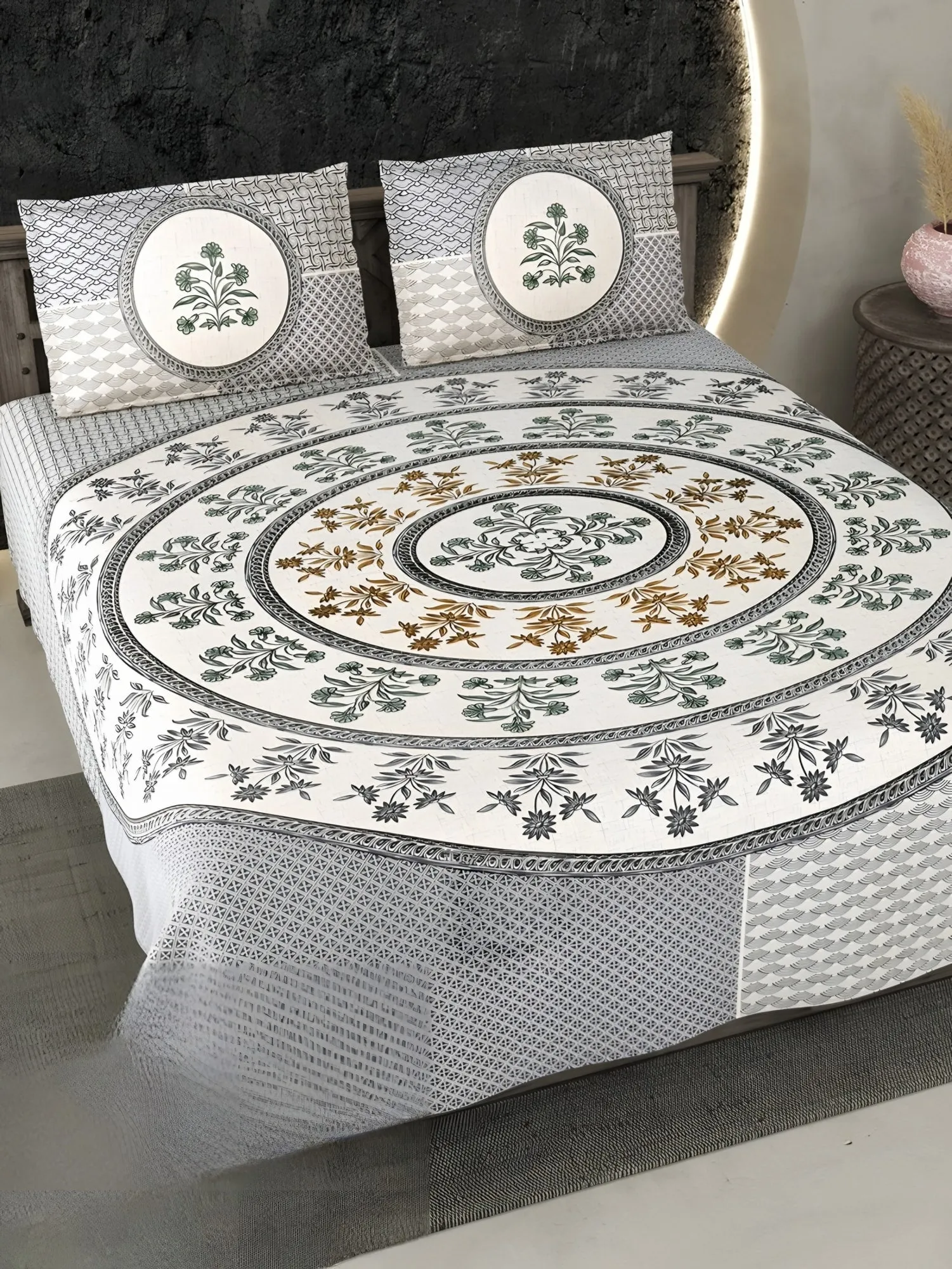 Ecuador Mandala Cotton Bedsheet Set in Charcoal (EC-13) on a made bed